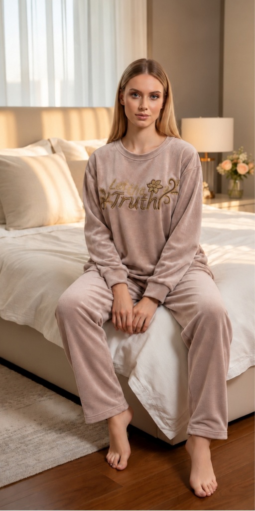 Let The Truth Velvet Pajama Set (L, بيج)