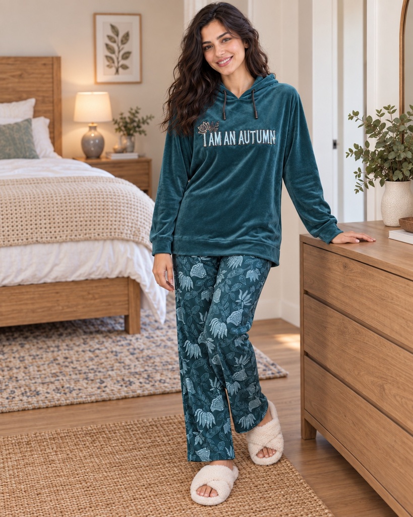 I AM AN AUTUMN Velvet Pajama Set (L, زيتي فاتح)