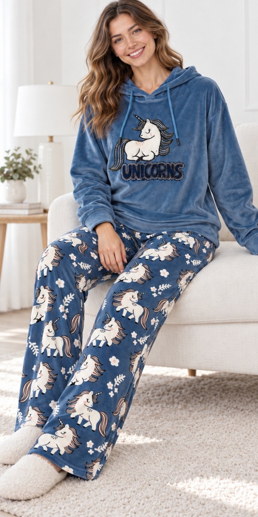 UNICORNS Velvet Pajama Set (L, ازرق)