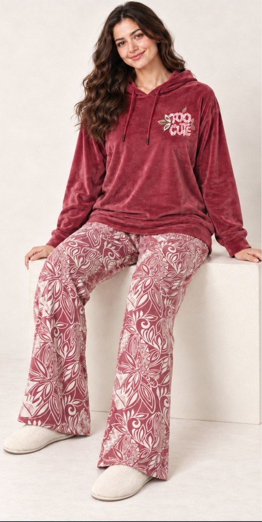 Too Cute Velvet Pajama Set (L, ازرق)