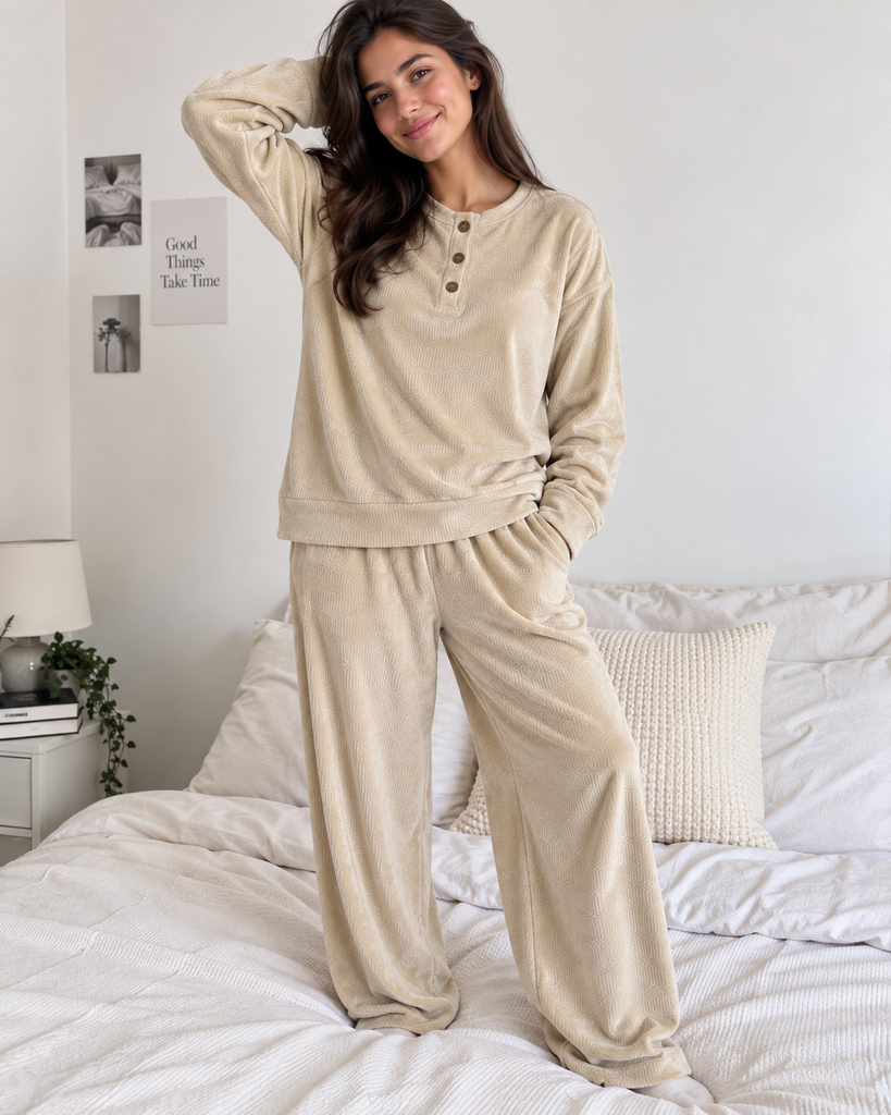 Embossed Button Velvet Pajama Set (L)